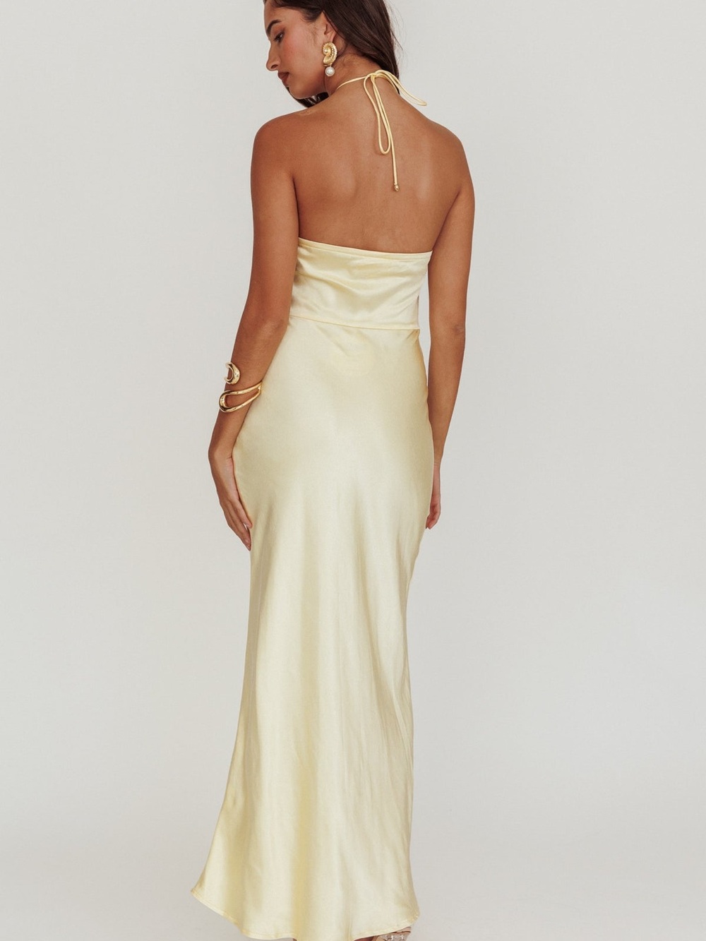 Selfie Leslie Butter Yellow Satin Halter Maxi w/ Floral Neck Detail - Small- NWT - Picture 2 of 9